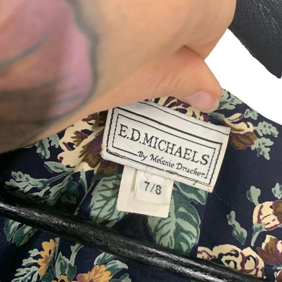 Vintage 90s Navy Blue Floral Long Sleeve Full Length Button Up Dress Medium - Picture 5 of 11